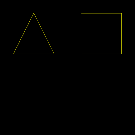 Yellow outlines of a triangle and a square on a black background